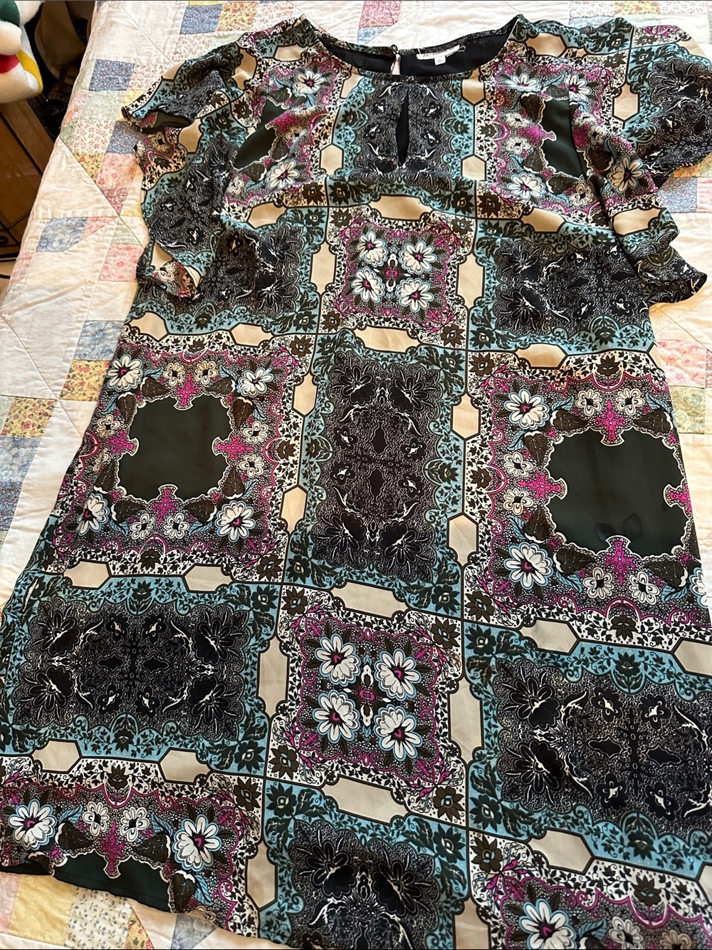 N—Patterned Floral Patchwork Tunic — Black, Teal, Cream, Pink
